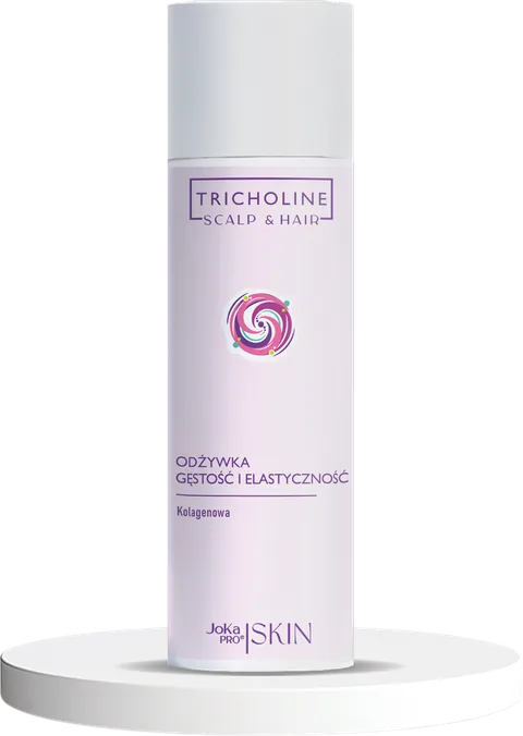 Odżywka Kolagenowa Gęstość i Elastyczność 200 ml z linii TRICHOLINE Scalp & Hair: smukła jasnoliliowa butelka z białą nakrętką na białym podeście