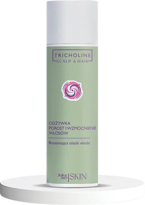 Odżywka Porost i Wzmocnienie Włosów 200 ml z linii TRICHOLINE Scalp & Hair: smukła szałwiowozielona butelka z białą nakrętką na białym podeście