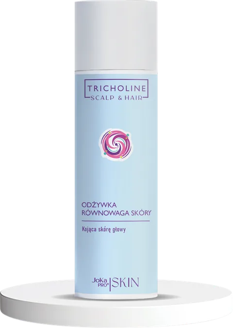Odżywka Równowaga Skóry 200 ml z linii TRICHOLINE Scalp & Hair: smukła jasnobłękitna butelka z białą nakrętką na białym podeście