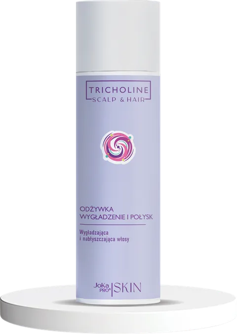 Odżywka Wygładzenie i Połysk 200 ml z linii TRICHOLINE Scalp & Hair: smukła lawendowa butelka z białą nakrętką na białym podeście