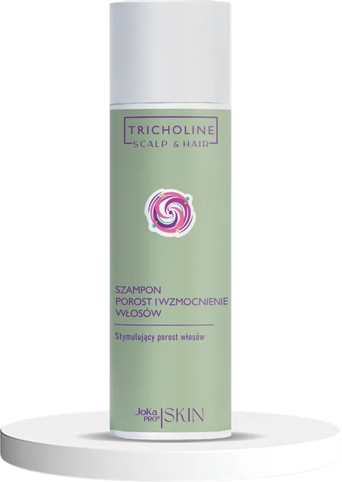 Szampon Porost i Wzmocnienie Włosów 200 ml z linii TRICHOLINE Scalp & Hair: smukła szałwiowozielona butelka z białą nakrętką na białym podeście
